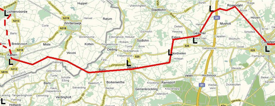 kaart met route van Aalten tot Coesfeld